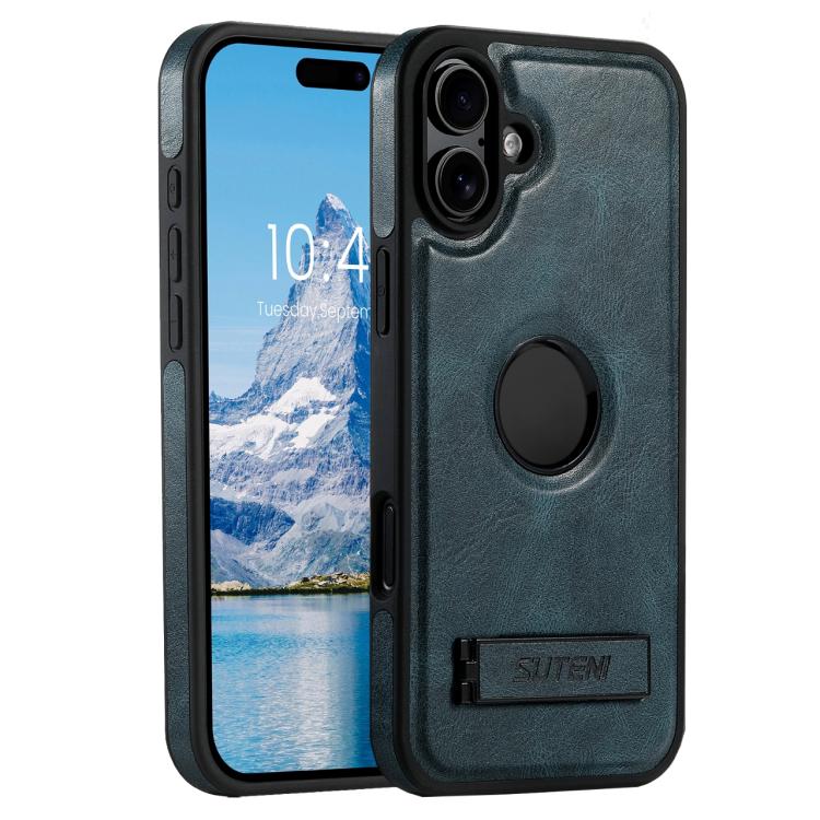 Pour iPhone 16 Plus Suteni G2 Coque de Téléphone Arrière en Cuir Ciré Magsafe avec Support (Bleu)