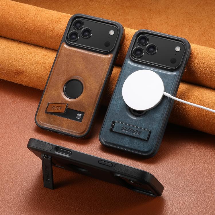 For iPhone 16 Suteni G2 Magsafe Oil Wax Leather Back Phone Case with Holder(Brown)