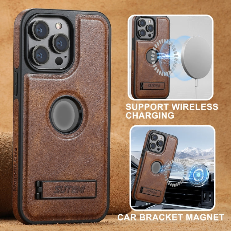 For iPhone 16 Pro Suteni G2 Magsafe Oil Wax Leather Back Phone Case with Holder(Black)