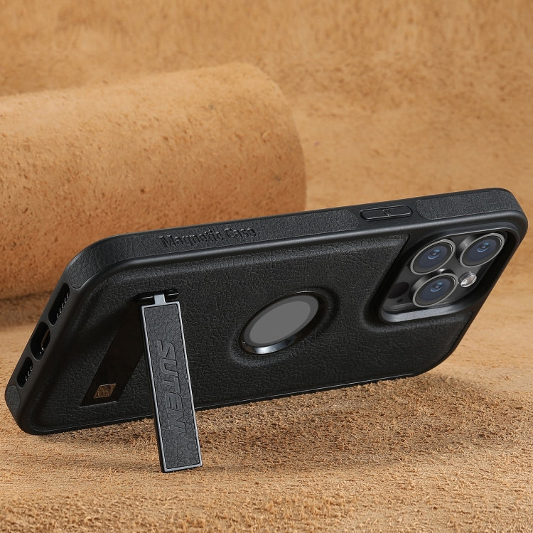 For iPhone 15 Pro Suteni G2 Magsafe Litchi Texture Leather Back Phone Case with Holder(Black)