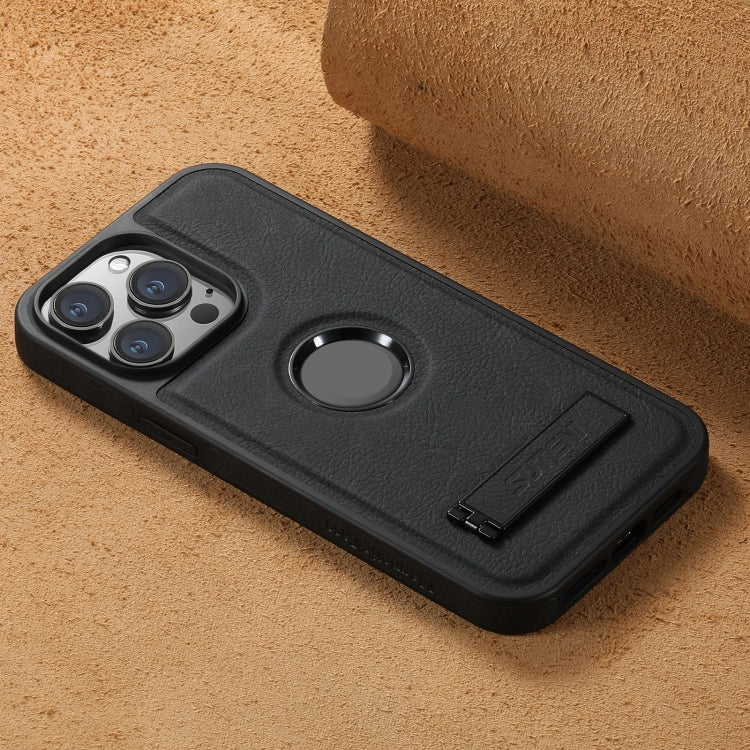 For iPhone 15 Pro Suteni G2 Magsafe Litchi Texture Leather Back Phone Case with Holder(Black)