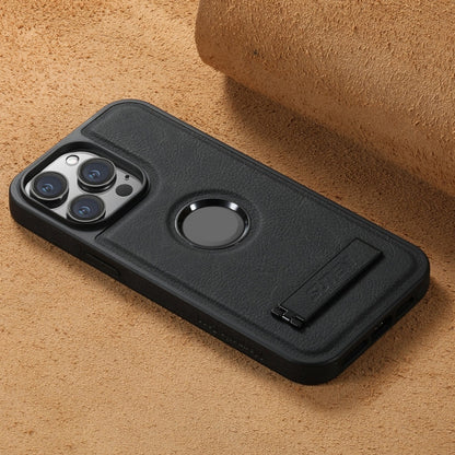 For iPhone 15 Pro Suteni G2 Magsafe Litchi Texture Leather Back Phone Case with Holder(Black)