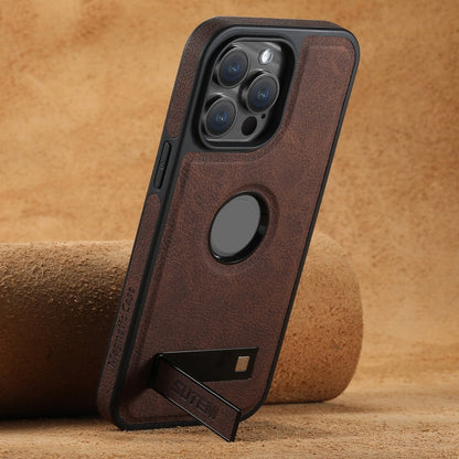 For iPhone 15 Pro Suteni G2 Magsafe Litchi Texture Leather Back Phone Case with Holder(Brown)