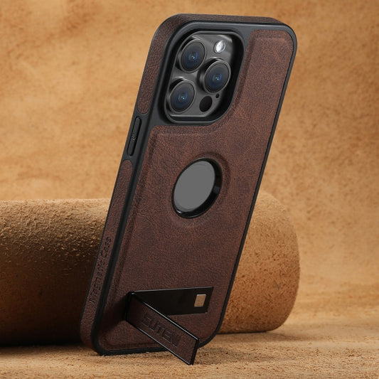 For iPhone 15 Pro Suteni G2 Magsafe Litchi Texture Leather Back Phone Case with Holder(Brown)