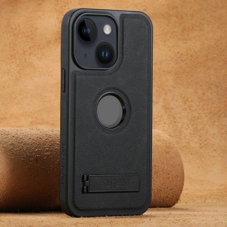 Pour iPhone 14 Plus Étui de téléphone arrière en cuir texturé litchi Suteni G2 Magsafe avec support (noir)