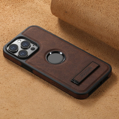 For iPhone 14 Plus Suteni G2 Magsafe Litchi Texture Leather Back Phone Case with Holder(Brown)