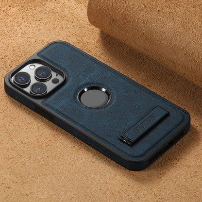 For iPhone 14 Suteni G2 Magsafe Litchi Texture Leather Back Phone Case with Holder(Blue)