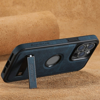 For iPhone 14 Pro Suteni G2 Magsafe Litchi Texture Leather Back Phone Case with Holder(Blue)