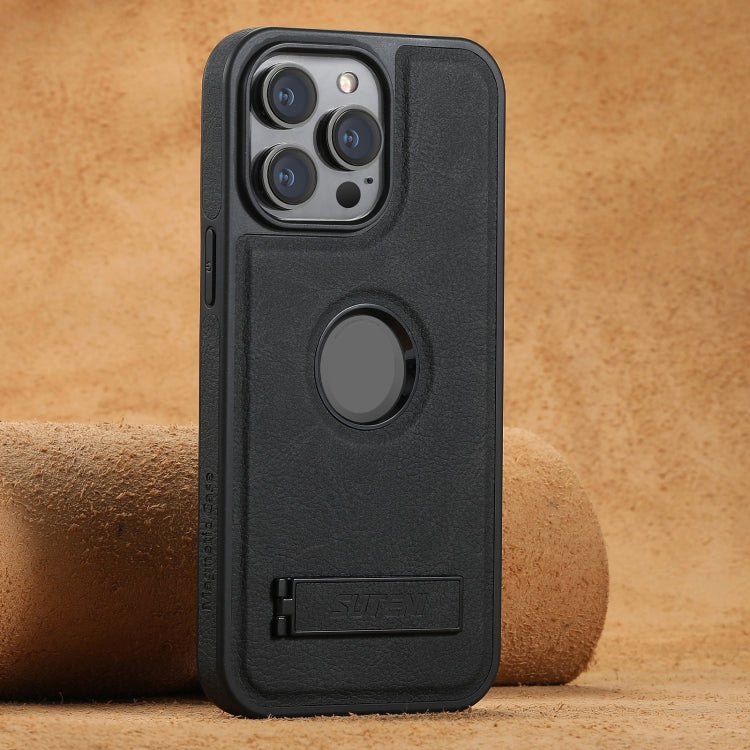 Pour iPhone 13 Pro Étui de téléphone arrière en cuir texturé Litchi Suteni G2 Magsafe avec support (noir)