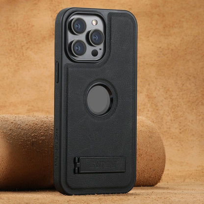 Pour iPhone 13 Pro Étui de téléphone arrière en cuir texturé Litchi Suteni G2 Magsafe avec support (noir)