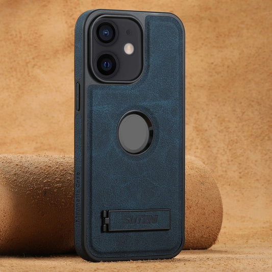 Pour iPhone 12 Étui Suteni G2 Magsafe en cuir texturé litchi avec support (Bleu)