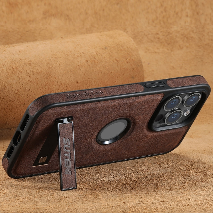 For iPhone 12 Pro Max Suteni G2 Magsafe Litchi Texture Leather Back Phone Case with Holder(Brown)