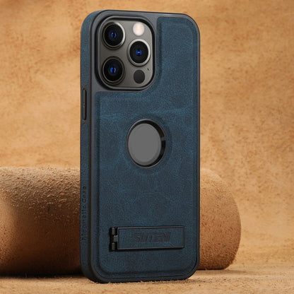 For iPhone 12 Pro Suteni G2 Magsafe Litchi Texture Leather Back Phone Case with Holder(Blue)
