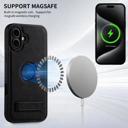 Pour iPhone 16 Étui de téléphone arrière en cuir texturé Litchi Suteni G2 Magsafe avec support (noir)