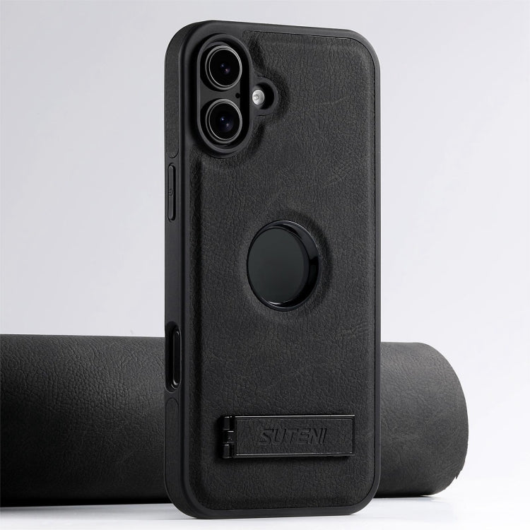 Pour iPhone 16 Étui de téléphone arrière en cuir texturé Litchi Suteni G2 Magsafe avec support (noir)