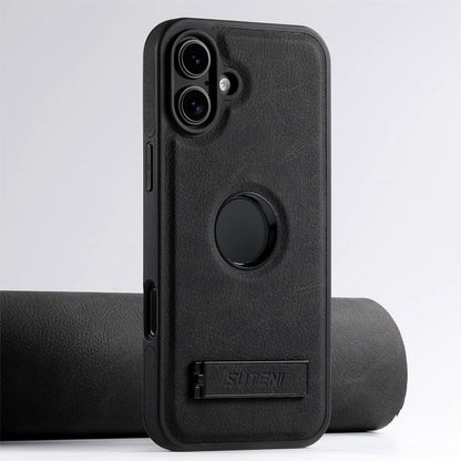 Pour iPhone 16 Étui de téléphone arrière en cuir texturé Litchi Suteni G2 Magsafe avec support (noir)