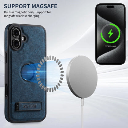 For iPhone 16 Suteni G2 Magsafe Litchi Texture Leather Back Phone Case with Holder(Blue)