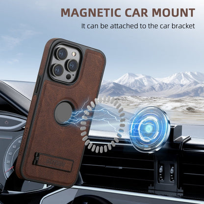 For iPhone 16 Pro Suteni G2 Magsafe Litchi Texture Leather Back Phone Case with Holder(Brown)