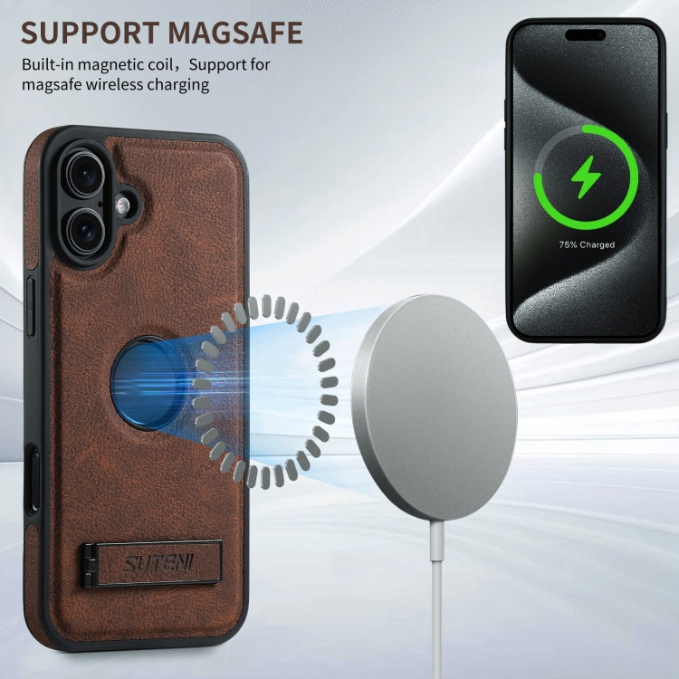 Pour iPhone 16 Plus Suteni G2 Magsafe Étui de téléphone en cuir texturé Litchi avec support (marron)