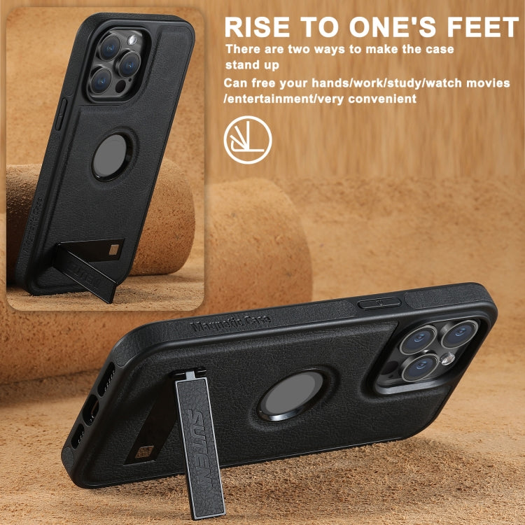 For iPhone 16 Pro Max Suteni G2 Magsafe Litchi Texture Leather Back Phone Case with Holder(Black)
