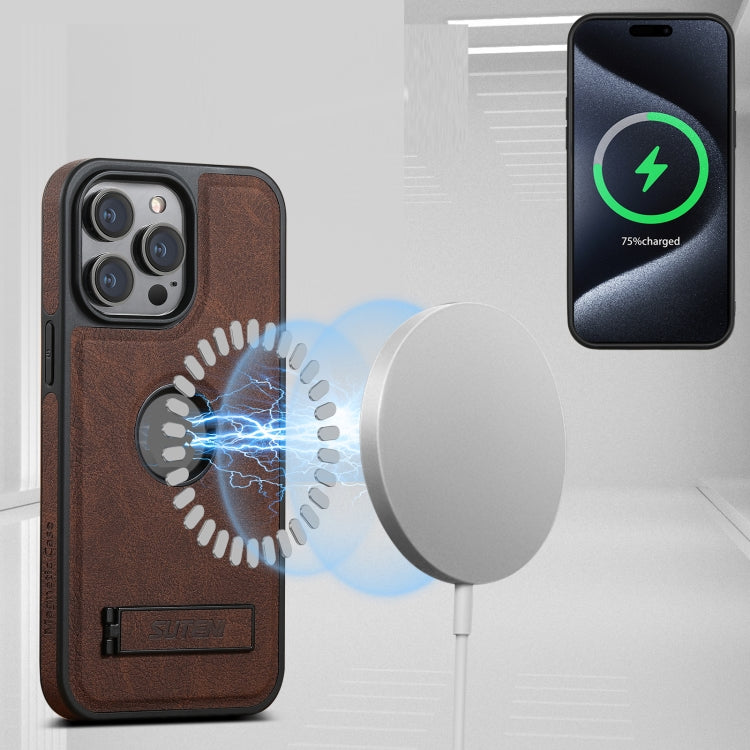 Pour iPhone 16 Pro Max Suteni G2 Magsafe Étui de téléphone en cuir texture litchi avec support (marron)