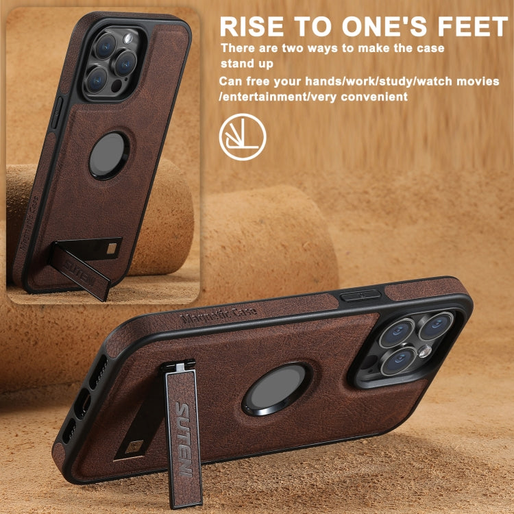 Pour iPhone 16 Pro Max Suteni G2 Magsafe Étui de téléphone en cuir texture litchi avec support (marron)