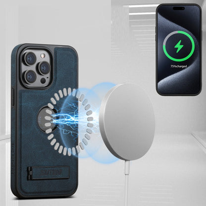 Pour iPhone 16 Pro Max Étui Suteni G2 Magsafe en cuir texture litchi avec support (bleu)