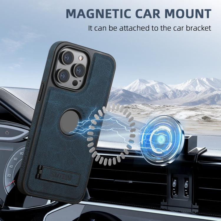Pour iPhone 16 Pro Max Étui Suteni G2 Magsafe en cuir texture litchi avec support (bleu)