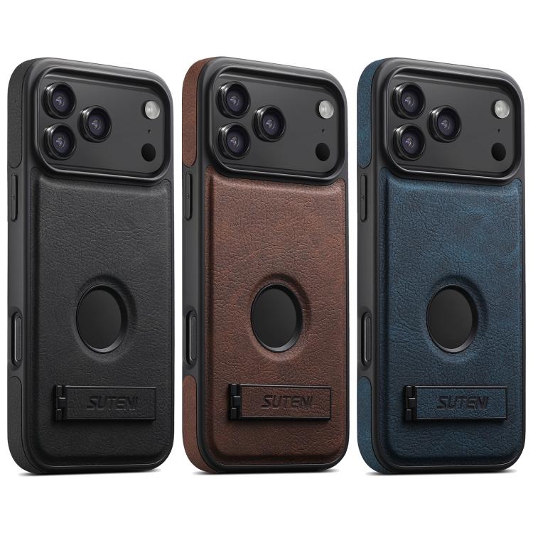 For iPhone 13 Pro Suteni G2 Magsafe Litchi Texture Leather Back Phone Case with Holder(Blue)