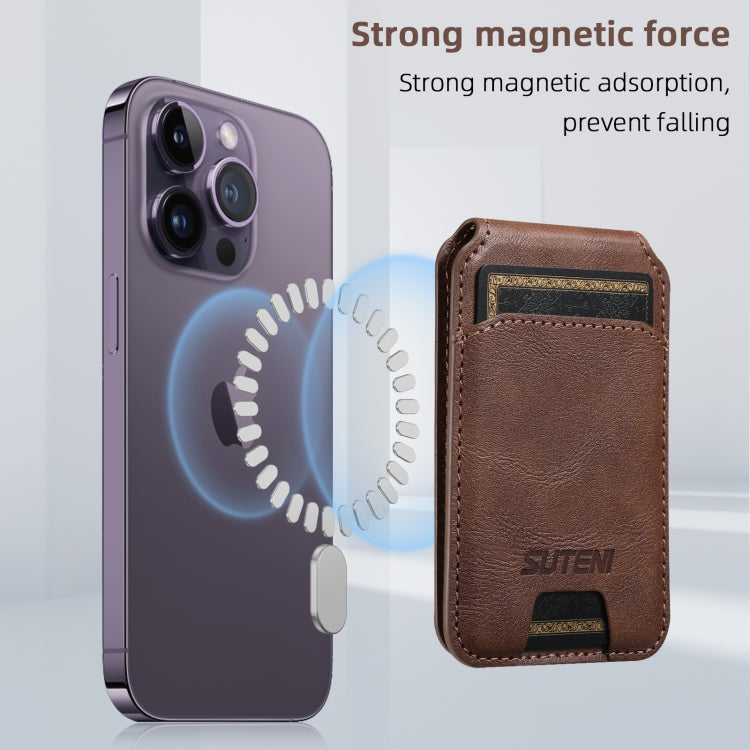 Suteni S2 Phone Magnetic Card Case Card Sleeve MagSafe Magnetic Coil PU Leather(Brown)