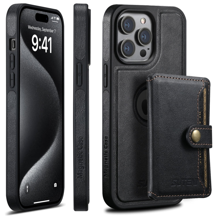 For iPhone 15 Pro Suteni M1 Oil Wax MagSafe Detachable Horizontal Card Bag Phone Case(Black)