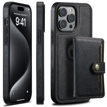 For iPhone 15 Pro Suteni M1 Oil Wax MagSafe Detachable Horizontal Card Bag Phone Case(Black)