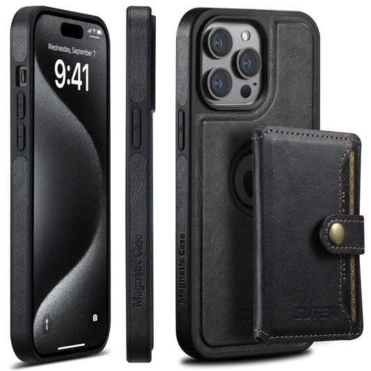 Pour iPhone 15 Pro Étui Suteni M1 en cuir ciré avec MagSafe et porte-cartes horizontal détachable (Noir)