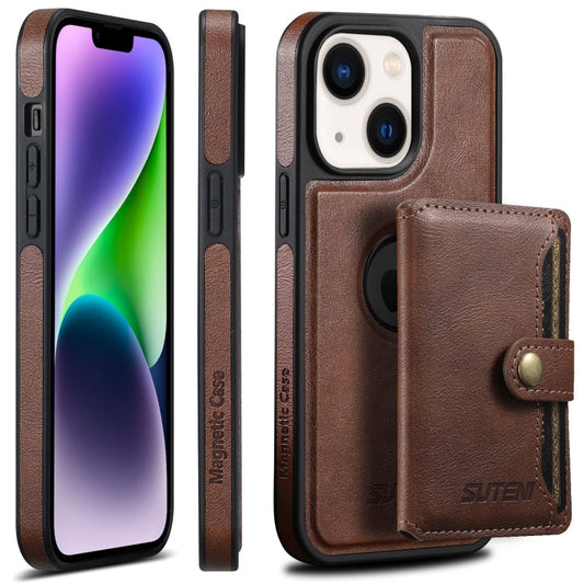 Pour iPhone 14 Plus Étui de téléphone avec porte-cartes détachable horizontal MagSafe en cire d'huile Suteni M1 (Marron)