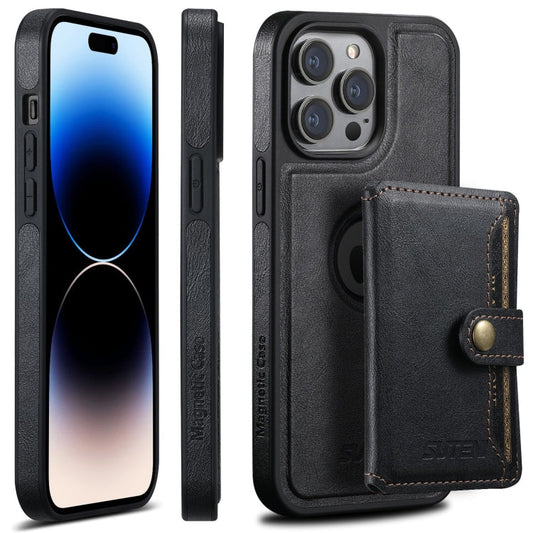 Pour iPhone 14 Pro Max Suteni M1 Étui de téléphone en cuir huilé détachable avec MagSafe et porte-cartes horizontal (Noir)