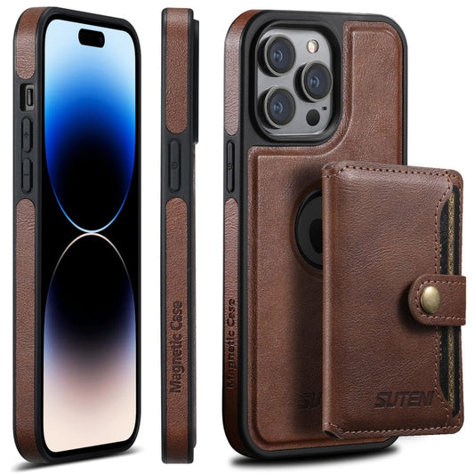 Pour iPhone 14 Pro Max Suteni M1 Huile Cire MagSafe Détachable Horizontale Sac de Cartes Étui de Téléphone (Marron)