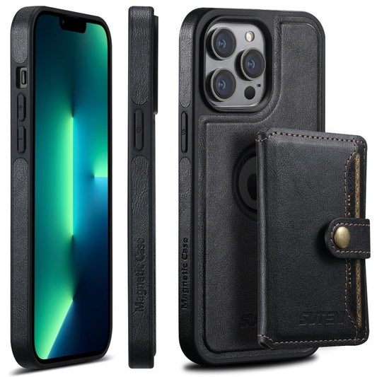 Pour iPhone 13 Pro Max Étui Suteni M1 en cuir huilé MagSafe avec porte-cartes amovible et horizontal (Noir)