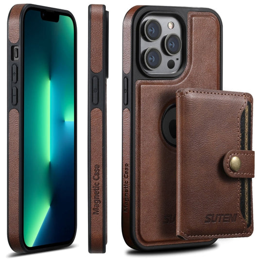 Pour iPhone 13 Pro Max Suteni M1 Huile Cire MagSafe Détachable Étui de Téléphone à Carte Horizontale (Marron)