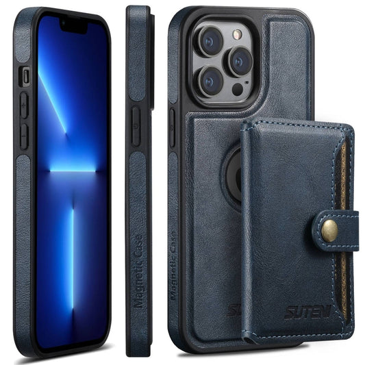 Pour iPhone 13 Pro Étui de téléphone avec porte-cartes détachable MagSafe Suteni M1 Oil Wax (bleu)
