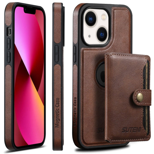 Pour iPhone 13 Étui Suteni M1 en cuir huilé MagSafe amovible avec porte-cartes horizontal (Marron)