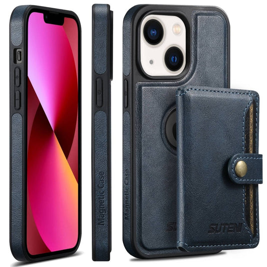 Pour iPhone 13 Étui Suteni M1 en cuir ciré avec MagSafe et porte-cartes horizontal détachable (Bleu)