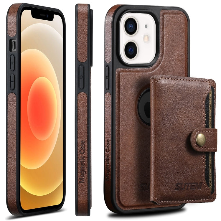 Pour iPhone 12 Étui Suteni M1 en cuir huilé avec Magsafe et porte-cartes horizontal détachable (marron)
