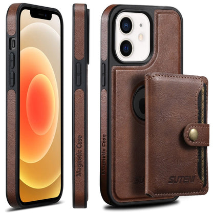 Pour iPhone 12 Étui Suteni M1 en cuir huilé avec Magsafe et porte-cartes horizontal détachable (marron)