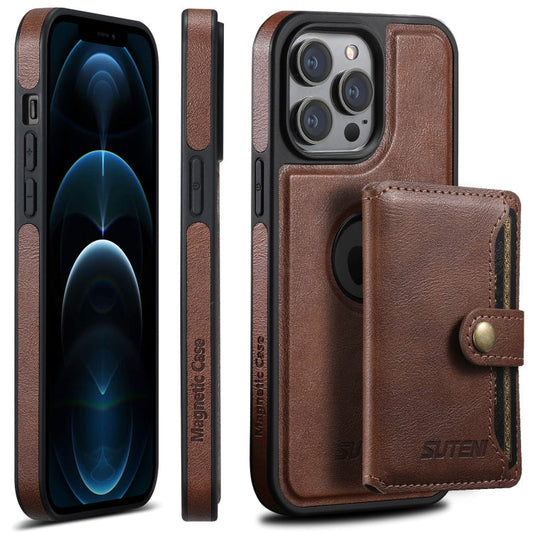 Pour iPhone 12 Pro Max Étui Suteni M1 en cuir huilé avec MagSafe, étui portefeuille détachable et support horizontal (marron)
