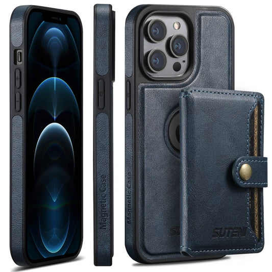 Pour iPhone 12 Pro Max Étui Suteni M1 en cuir huilé avec MagSafe, portefeuille détachable à porte-cartes horizontal (Bleu)