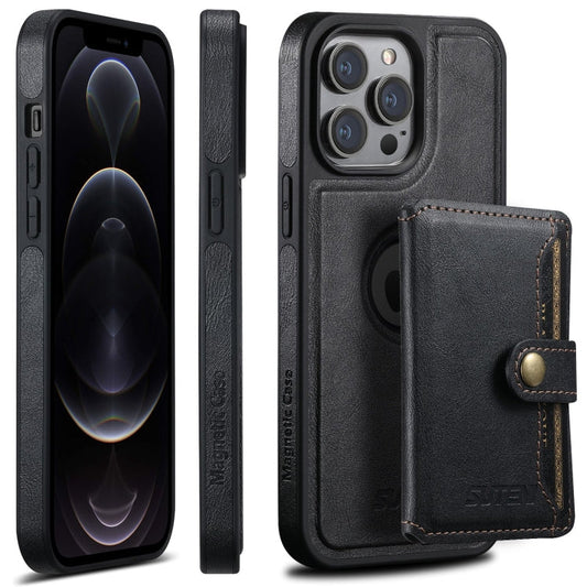 Pour iPhone 12 Pro Étui Suteni M1 en cuir huilé avec MagSafe et porte-cartes horizontal détachable (Noir)