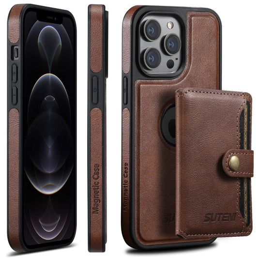 Pour iPhone 12 Pro Étui Suteni M1 en cuir ciré avec MagSafe et pochette à cartes horizontale détachable (Marron)
