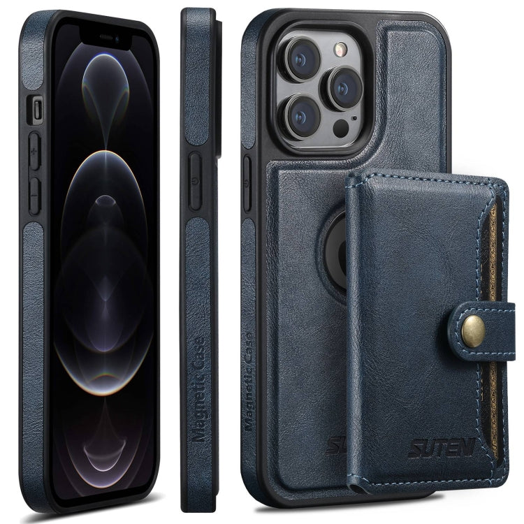 Pour iPhone 12 Pro Étui Suteni M1 en cuir ciré, MagSafe, avec porte-cartes détachable (bleu)