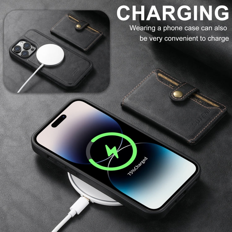 For iPhone 16 Suteni M1 Oil Wax MagSafe Detachable Horizontal Card Bag Phone Case(Black)