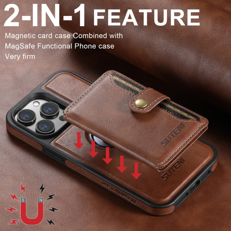 For iPhone 16 Suteni M1 Oil Wax MagSafe Detachable Horizontal Card Bag Phone Case(Brown)